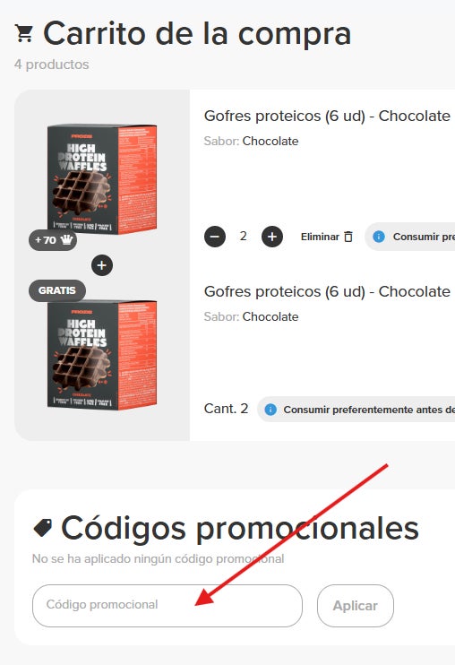 donde podemos pegar el código descuento prozis en el carrito