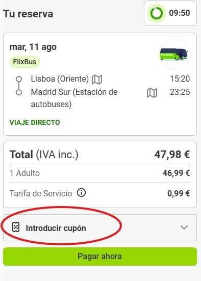como desplegar la casilla para pegar el cupon flixbus