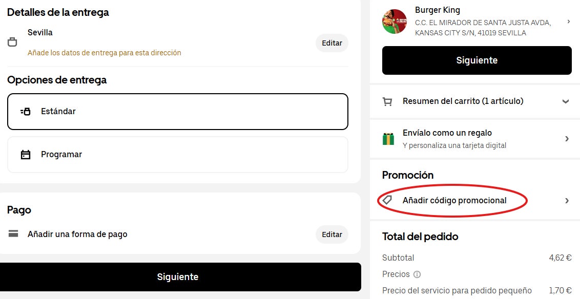 como llegar a la casilla para canjear el cupon descuento uber eats