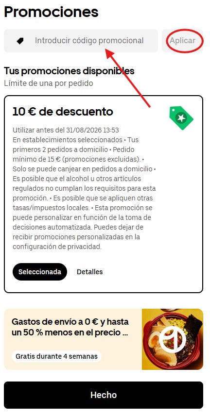 donde y como canjear el codigo promocional uber eats