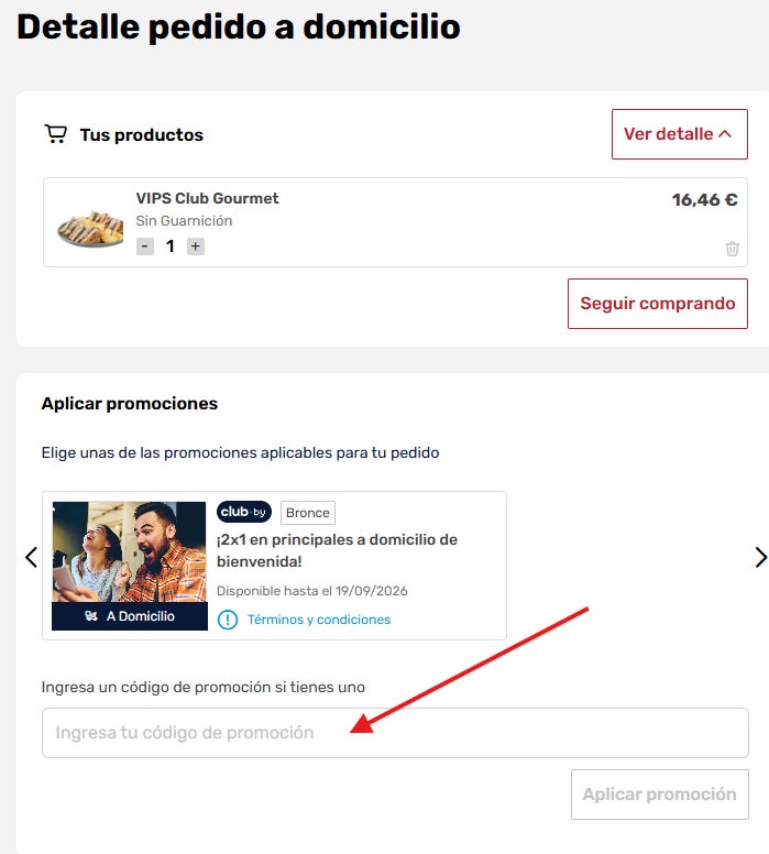 donde esta la casilla para escribir el codigo descuento vips