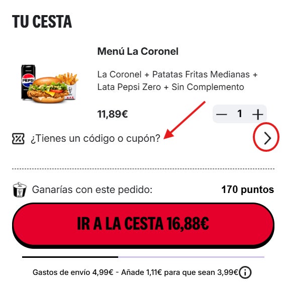como visualizar la casilla para el codigo descuento kfc
