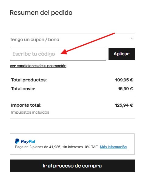 donde podemos escribir o pegar el codigo descuento sklum