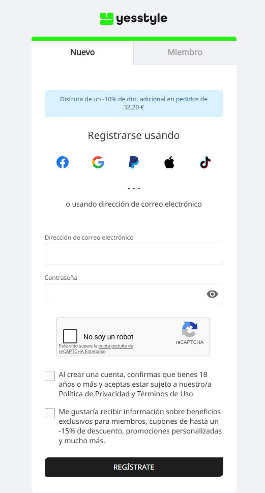 formulario para nuevo cliente yesstyle
