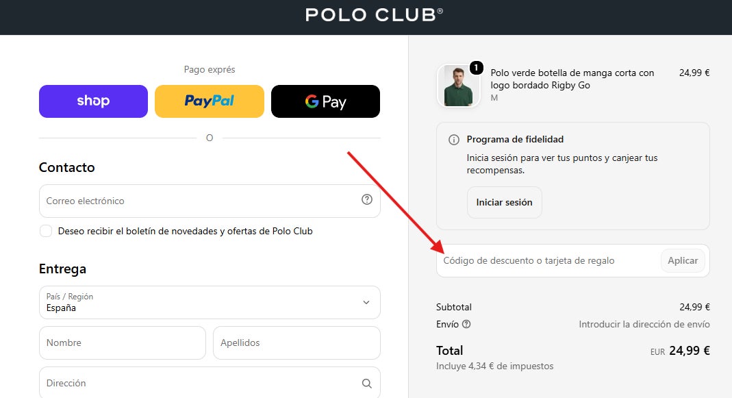 donde podemos pegar o escribir el codigo descuento polo club