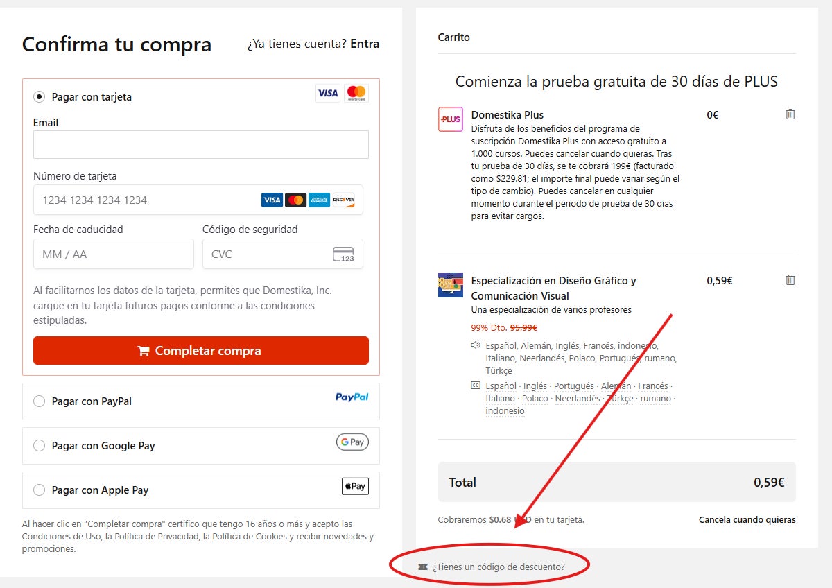 como hacer que aparezca el recuadro para el cupon descuento domestika