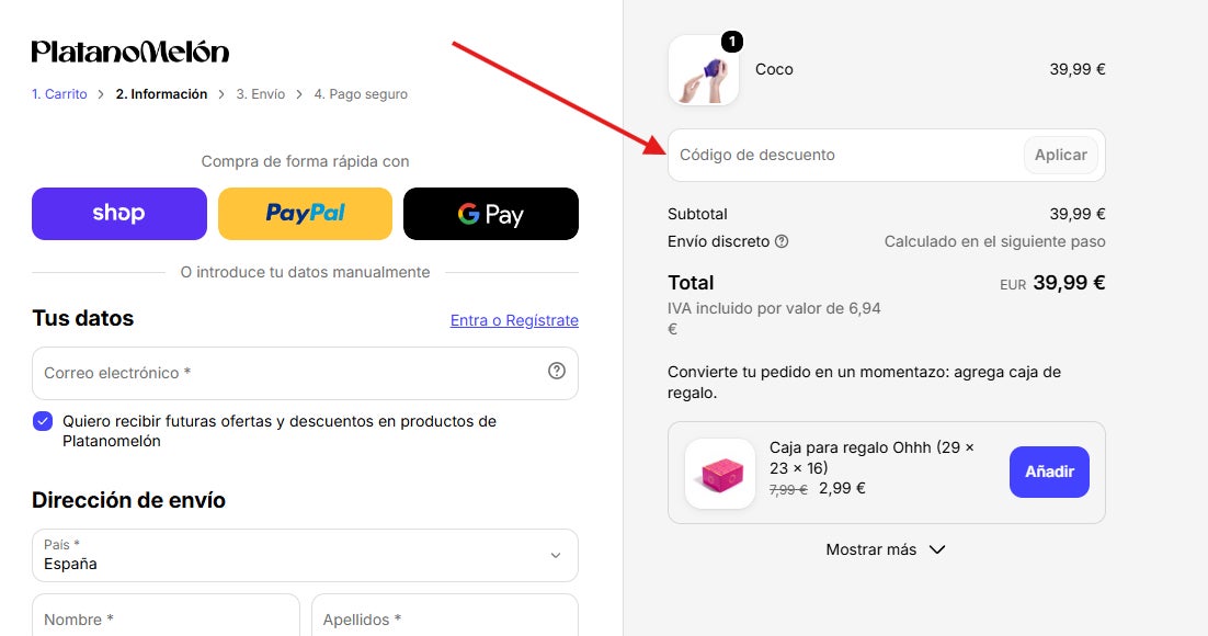 donde puedes escribir el codigo descuento platanomelon