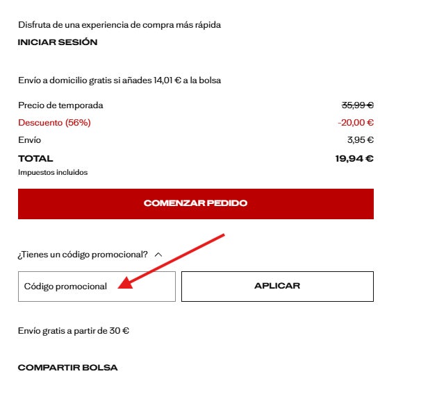 casilla donde se podemos usar el codigo promocional mango outlet