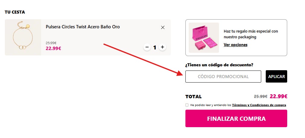 donde puedes escribir el codigo descuento singularu en la cesta