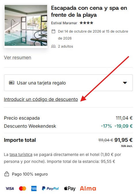 como ver la casilla para aplicar el cupon descuento weekendesk