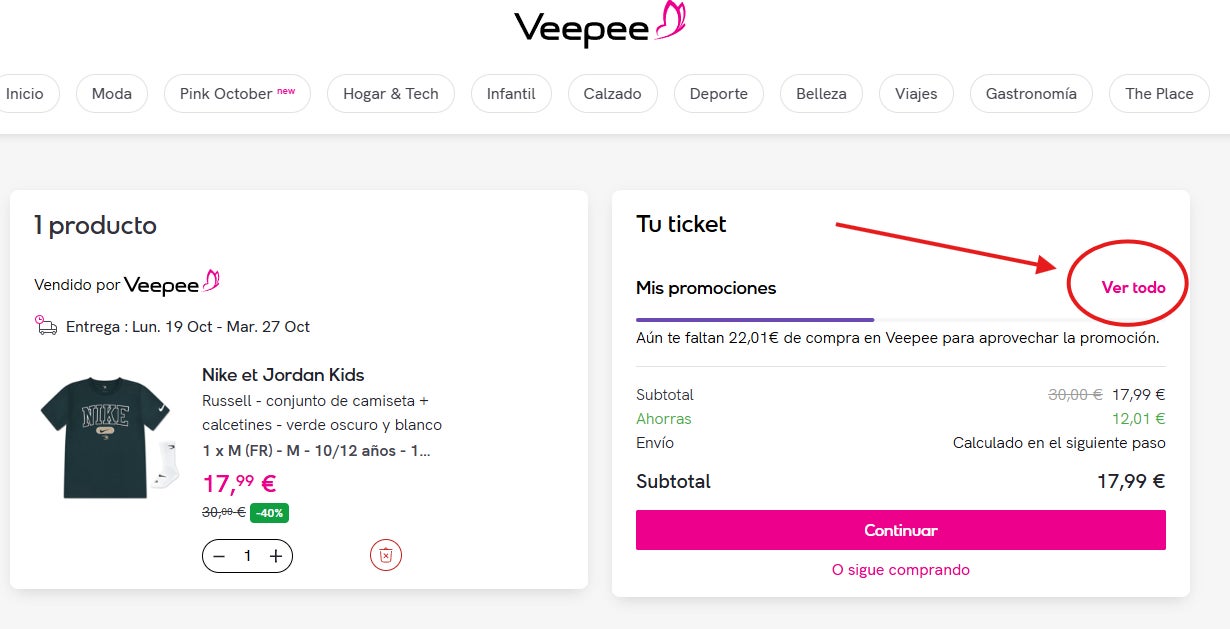 como llegar hasta el recuadro para usar el cupon descuento veepee