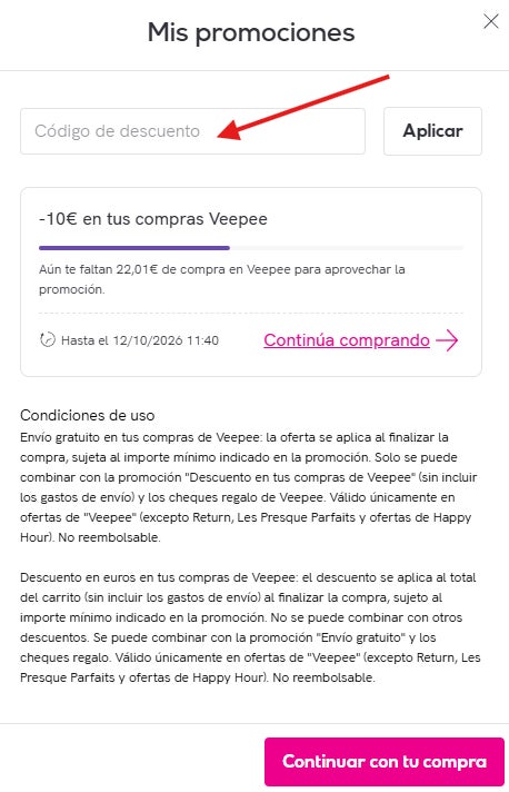 recuadro donde podemos usar el codigo descuento veepee