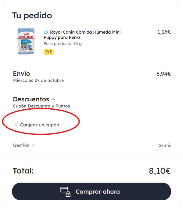como llegar al recuadro para canjear el codigo descuento miscota