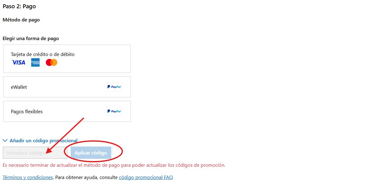 casilla donde puedes escribir el codigo descuento microsoft store
